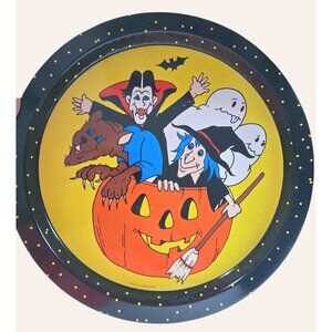 Vintage Halloween Metal Tray With Pumpkin Witch Vampire Ghost & Werewolf 13" Rou